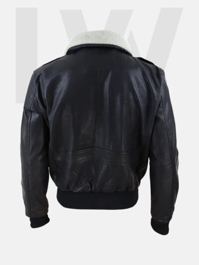 Leathwear Weaver A-2 Black Leather Bomber Jacket Men’s With Fur Collar Back Side