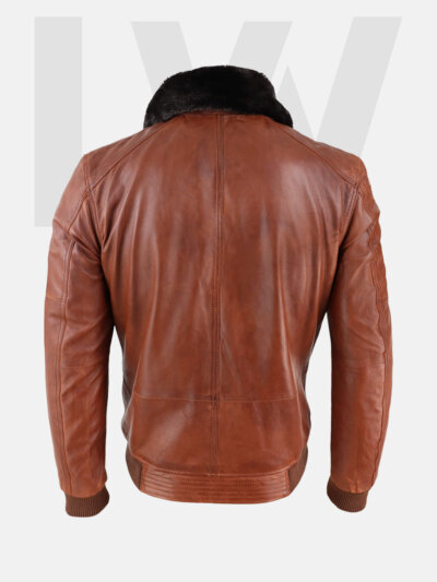 Leathwear Whiff Tan Brown Leather Bomber Jacket Men’s With Fur Collar Back Side