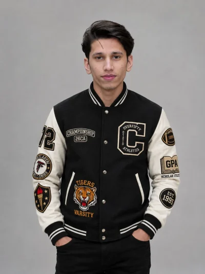 Men’s Black White Varsity Jacket for Classic Streetwear Fashion